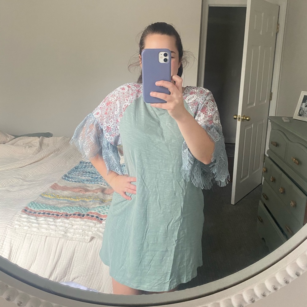 umgee Teal Dress with Paisley and Lace Sleeves